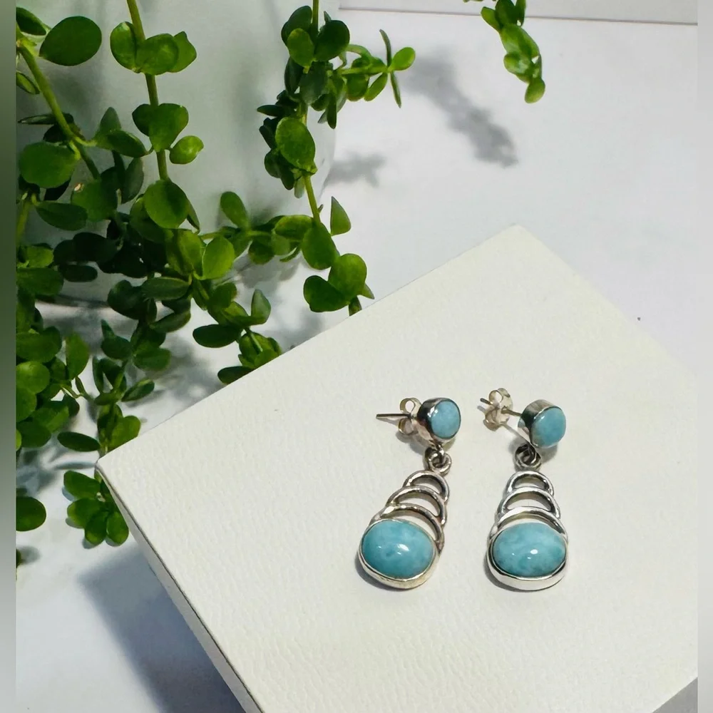 Sterling Silver 925 Larimar Drop Dangle Earrings - Picture 2 of 11